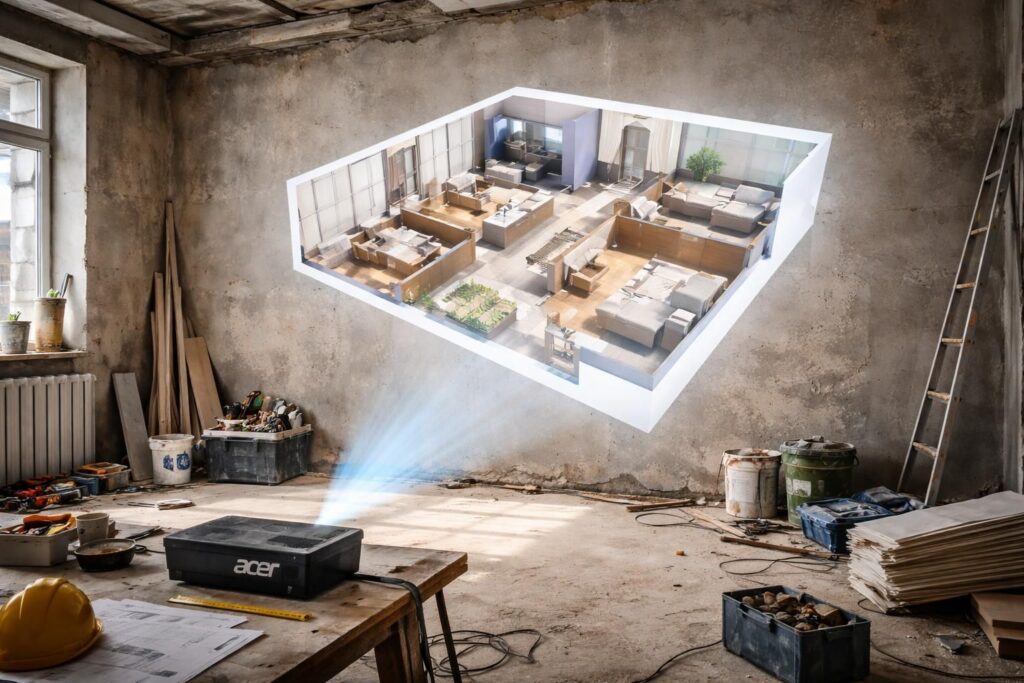découvrez comment un vidéoprojecteur acer projette un plan 3d directement sur le mur pour faciliter la rénovation de votre chantier, alliant technologie et précision.