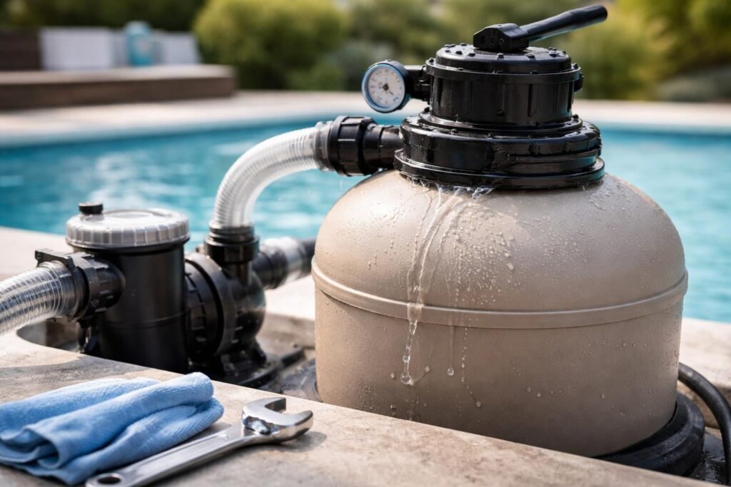 découvrez nos conseils d'entretien préventif pour éviter les fuites au niveau du couvercle du filtre à sable de votre piscine et assurer son bon fonctionnement.