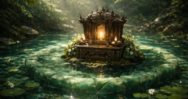 découvrez l'autel du bassin de jade morcelé, une parfaite symbiose entre art et spiritualité qui invite à la contemplation et à la sérénité.