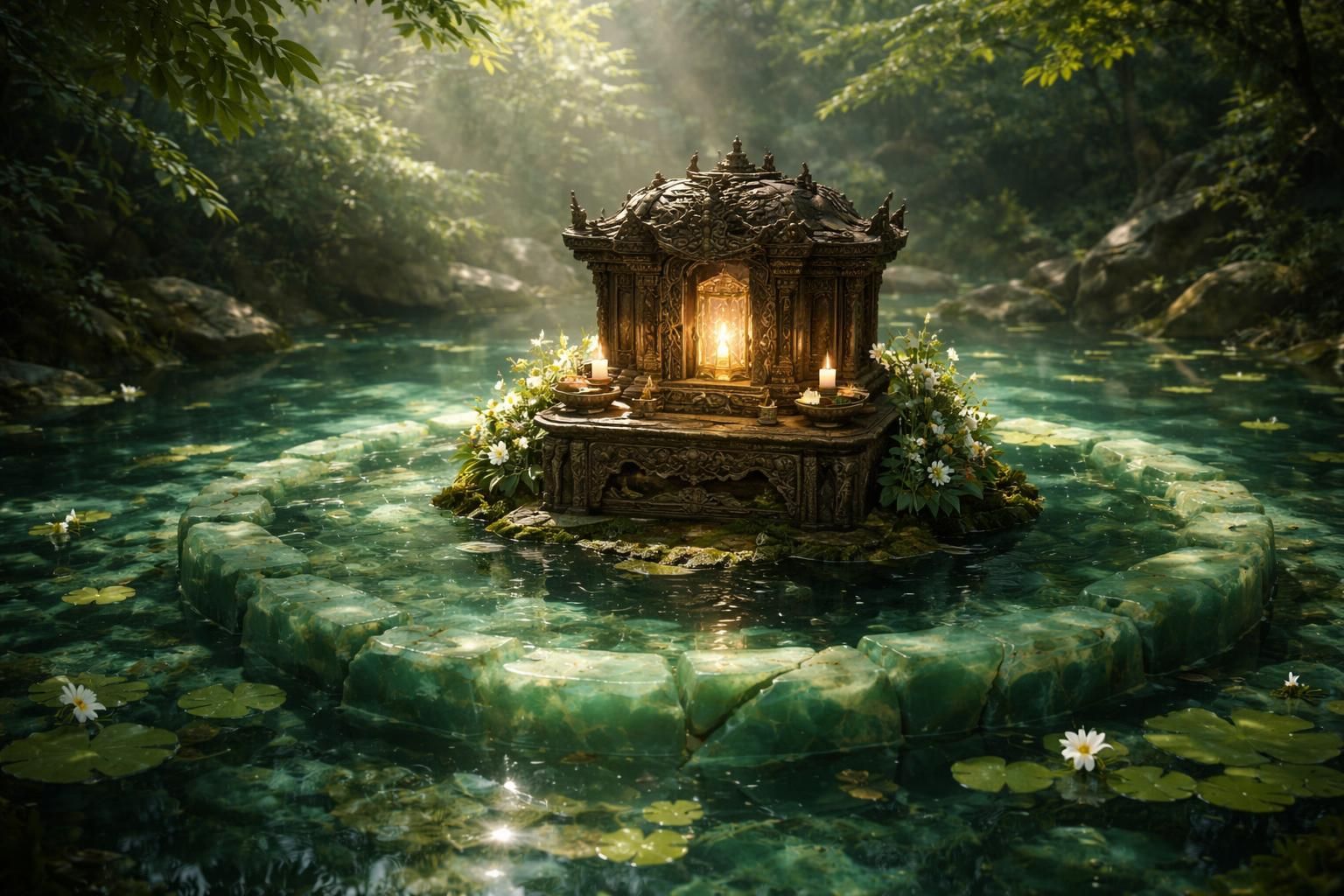 découvrez l'autel du bassin de jade morcelé, une parfaite symbiose entre art et spiritualité qui invite à la contemplation et à la sérénité.