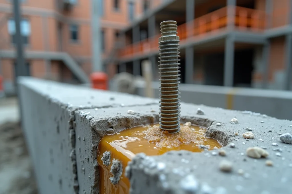 Gros plan sur une fixation chimique en résine ancrée dans du béton dégradé avec tige filetée apparente