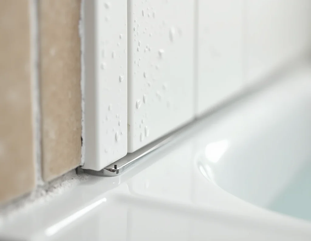 Gros plan sur joint de plaque PVC salle de bain avec gouttes d'eau après douche, détail pose et étanchéité