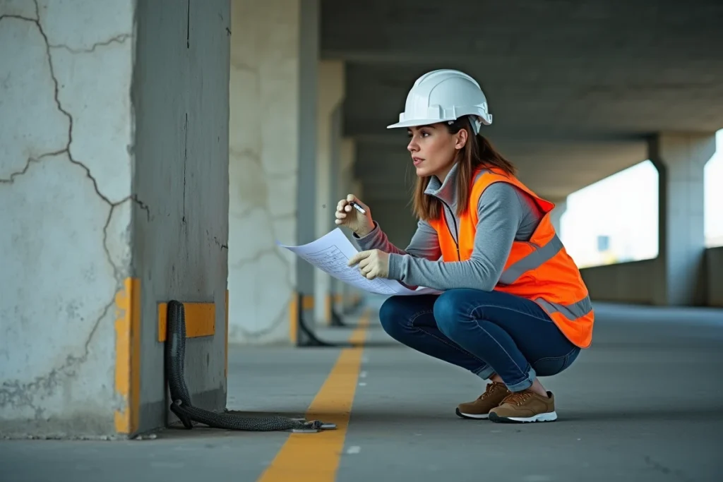 Ingénieure inspectant des fixations chimiques sur un pilier en béton fissuré dans un parking souterrain