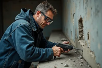 Artisan injectant du ciment chimique dans un béton friable avec un pistolet à cartouche professionnel
