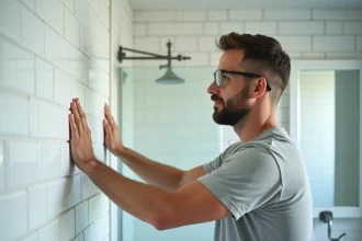 Pose de plaque PVC sur mur de salle de bain par un professionnel, ambiance humide avec miroir embué en arrière-plan