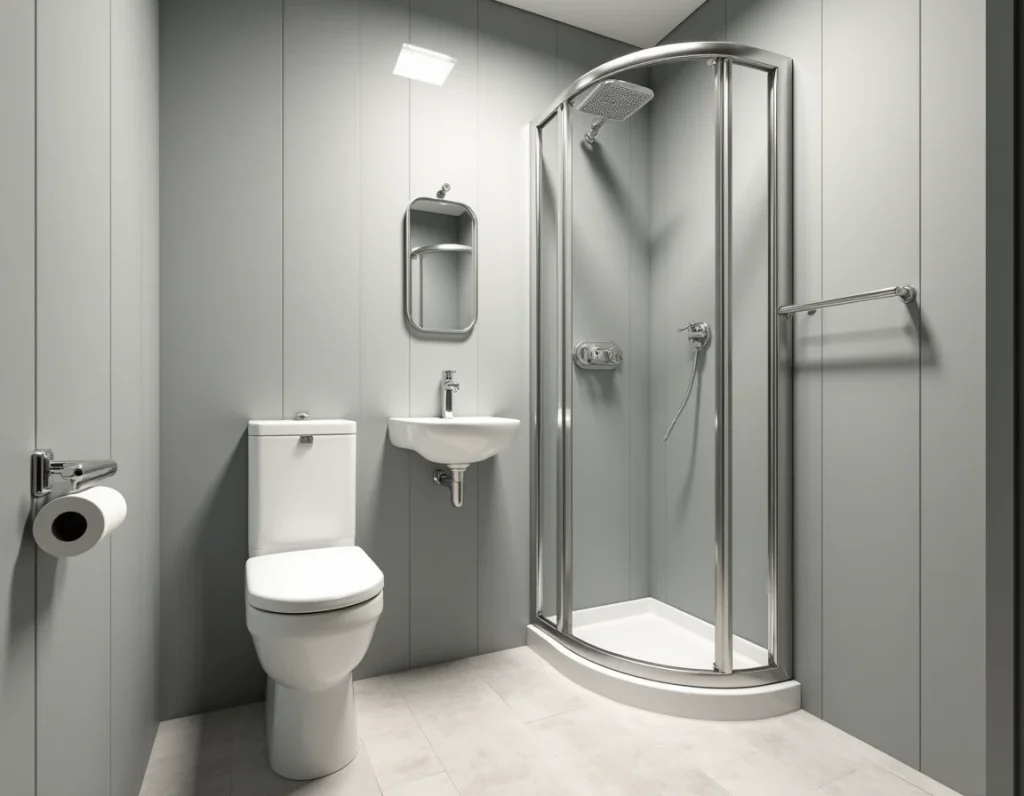 Salle de bain entièrement revêtue de plaques PVC grises du sol au plafond, vue d'ensemble rénovation complète