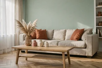 Salon scandinave avec mur vert sauge, coussins terracotta et décoration en céramique beige sur table basse en chêne