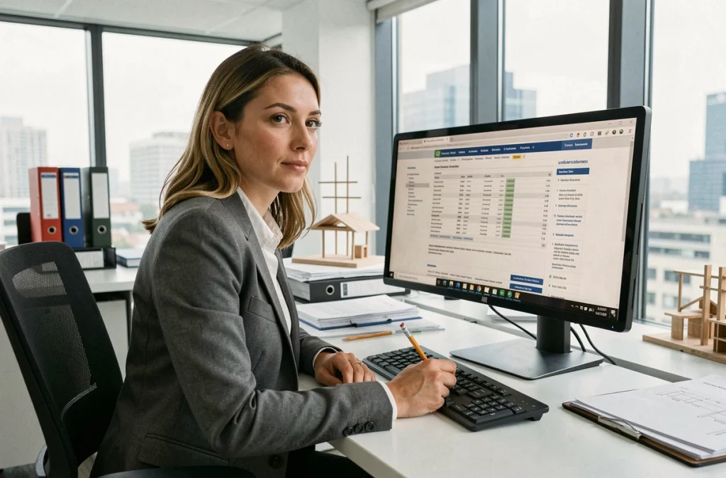 Architecte féminine consultant des informations réglementaires sur un site spécialisé pour préparer un grand chantier de construction depuis son bureau moderne