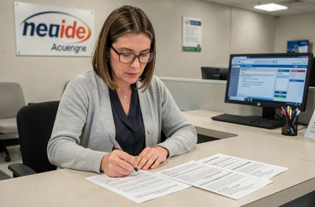 Une femme lit attentivement un contrat d'assurance de location utilitaire en annotant les clauses de franchise et de plafond de couverture