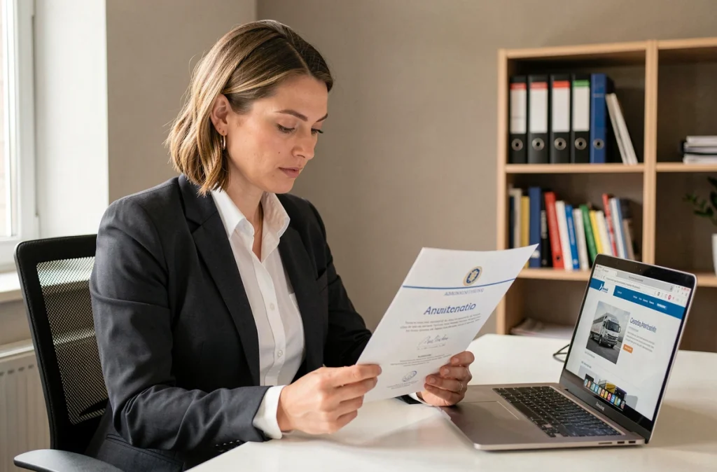Une professionnelle examine une attestation de capacité en transport léger à son bureau avec un site administratif ouvert sur son ordinateur