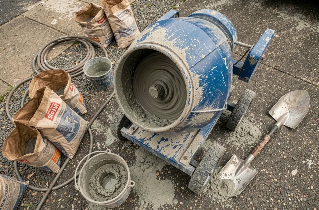 Bétonnière électrique en fonctionnement avec sacs de ciment et outils pour coulage de dalle béton fait maison