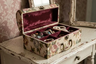 Boîte à bijoux vintage ouverte sur une coiffeuse en bois avec compartiments en velours bordeaux et bijoux anciens dorés