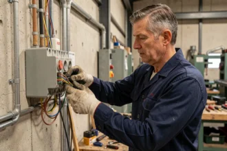 Électricien professionnel branchant une prise triphasée 4 fils dans un atelier industriel