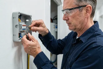 Électricien professionnel connectant des câbles 2 fils dans des connecteurs Wago pour un circuit va-et-vient dans une boîte de dérivation murale