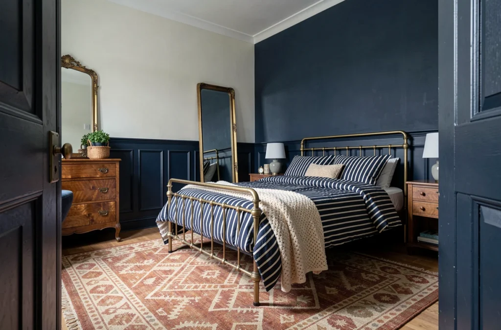 Chambre adulte avec mur accent bleu nuit profond, boiseries assortis, literie marine et ivoire, décor tendance 2026