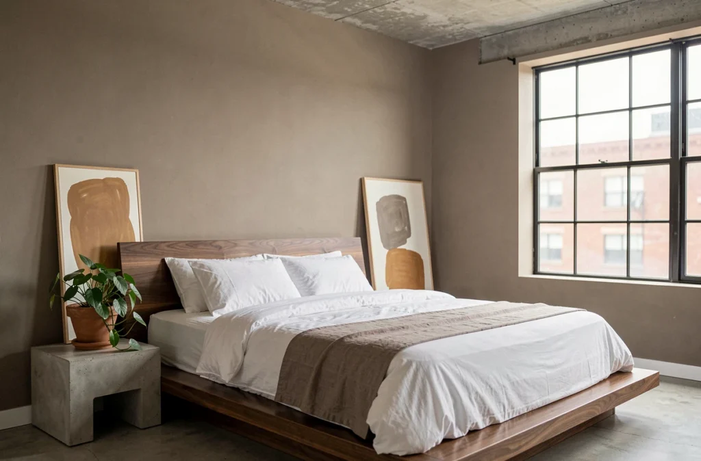 Chambre adulte minimaliste tons greige et taupe avec tête de lit en noyer et détails en béton, palette tendance 2026