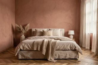 Chambre adulte peinte en terracotta et rose poudré avec parquet chêne et literie en lin naturel, tendance couleur 2026