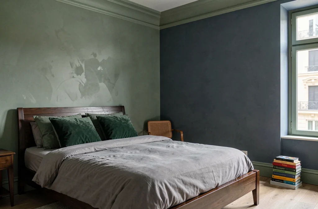 Chambre adulte avec murs vert sauge et bleu ardoise, boiseries blanches et literie velours, couleur tendance 2026