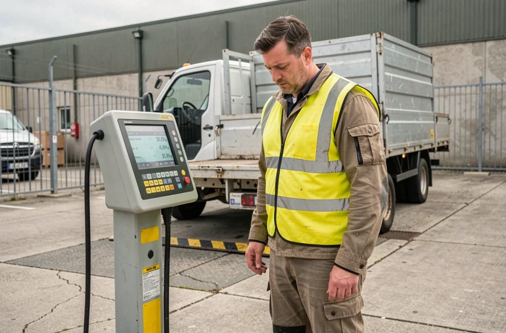 Un homme en gilet haute visibilité consulte un terminal de pesée numérique sur un pont-bascule à côté d'un utilitaire chargé