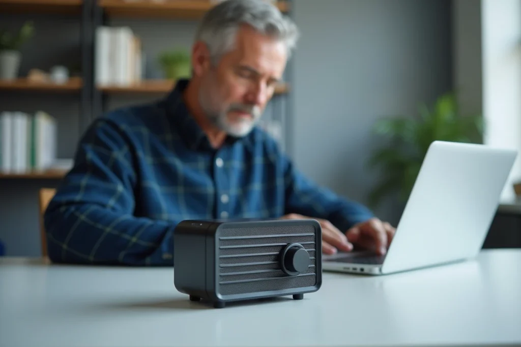 Chauffage portable Chaufferapide posé sur un bureau de télétravail avec homme travaillant en arrière-plan flou