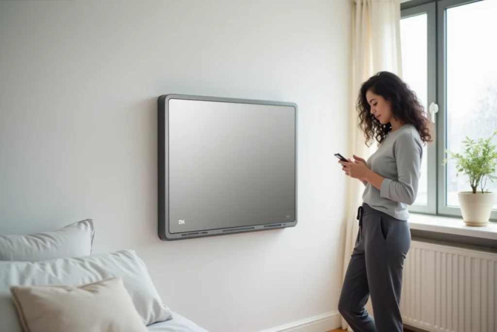 Panneau chauffant électrique Chaufferapide fixé dans une chambre d'appartement moderne avec femme consultant son téléphone