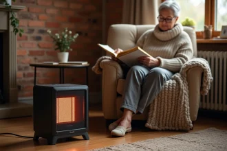 Femme utilisant un chauffage électrique compact Chaufferapide dans un salon cosy avec fauteuil et mur en brique
