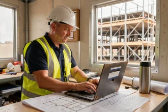 Chef de chantier consultant le site gospi.fr sur un ordinateur portable dans une bungalow de chantier avec des plans et équipements professionnels