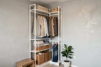 Coin dressing ouvert aménagé dans un studio avec étagères modulaires blanches et penderie compacte