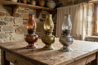 Collection de trois lampes à pétrole anciennes en cuivre, laiton et étain posées sur une table en bois rustique dans un intérieur campagnard français