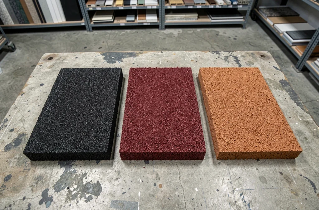 Comparaison de trois échantillons d'enrobé bitumineux noir, rouge et coloré posés côte à côte sur une table d'atelier