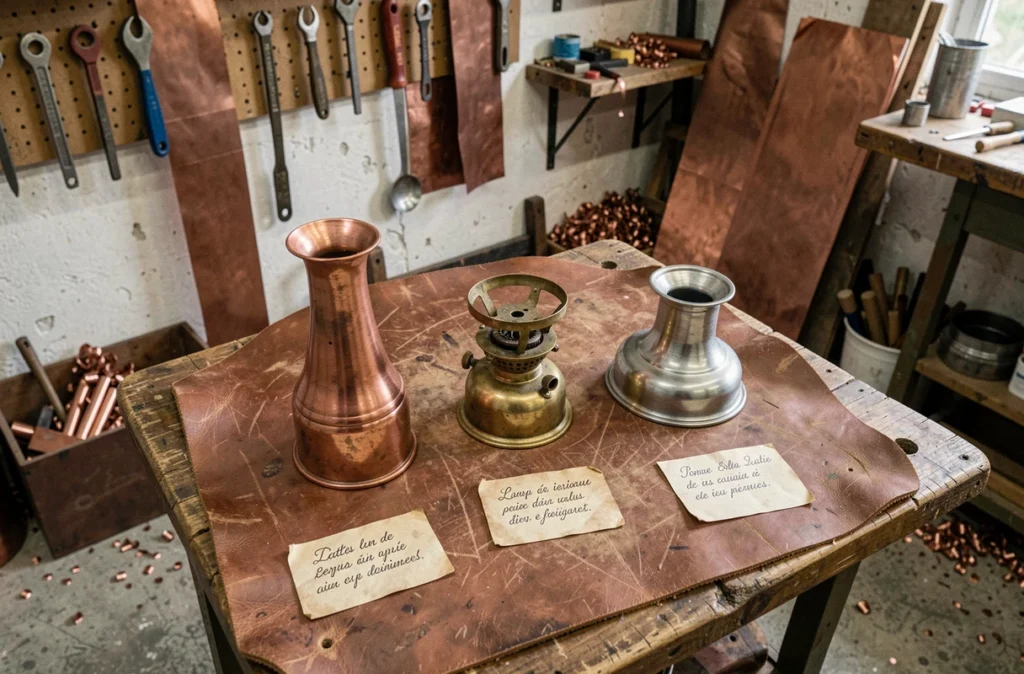 Pièces détaillées de lampes à pétrole en cuivre, laiton et étain comparées sur un établi d'artisan avec étiquettes de prix manuscrites en français