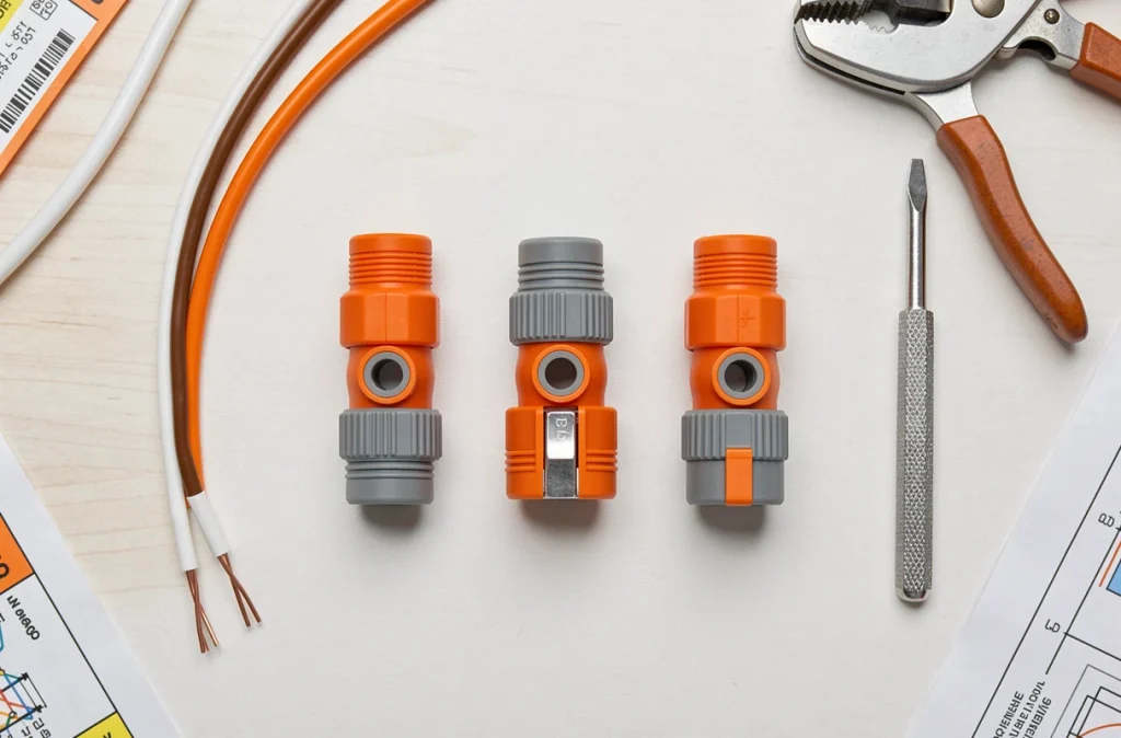 Vue de dessus des connecteurs Wago 221 avec câbles 2 fils dénudés et outils pour câblage va-et-vient propre