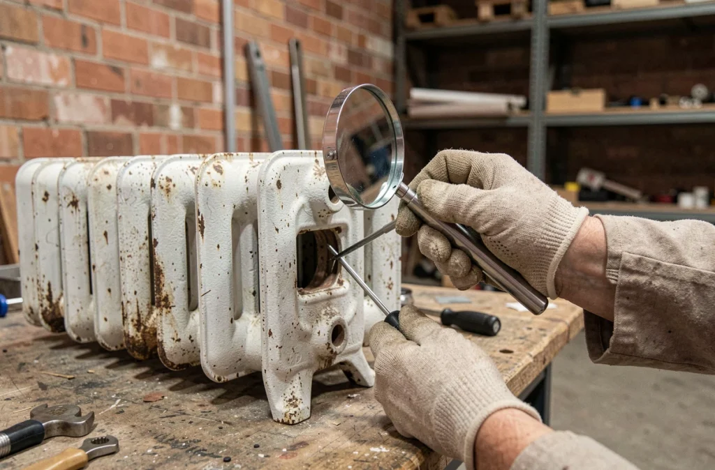 Gros plan sur une inspection manuelle des colonnes internes d'un radiateur fonte d'occasion avec miroir et sonde