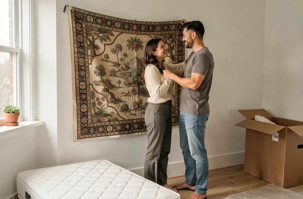 Couple accrochant une tapisserie dans leur nouvelle chambre lors de leur installation