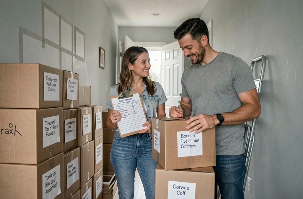 Couple finalisant l'organisation de cartons étiquetés par pièce dans le couloir d'un appartement avant le déménagement