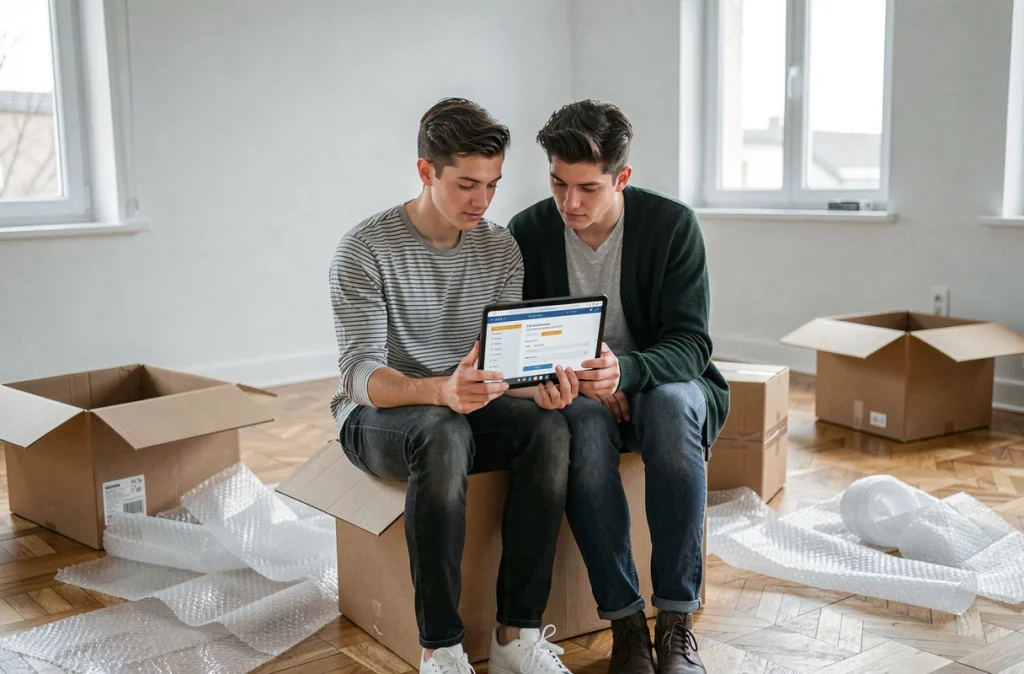 Couple consultant un portail administratif en ligne sur une tablette pour mettre à jour leur adresse lors d'un déménagement