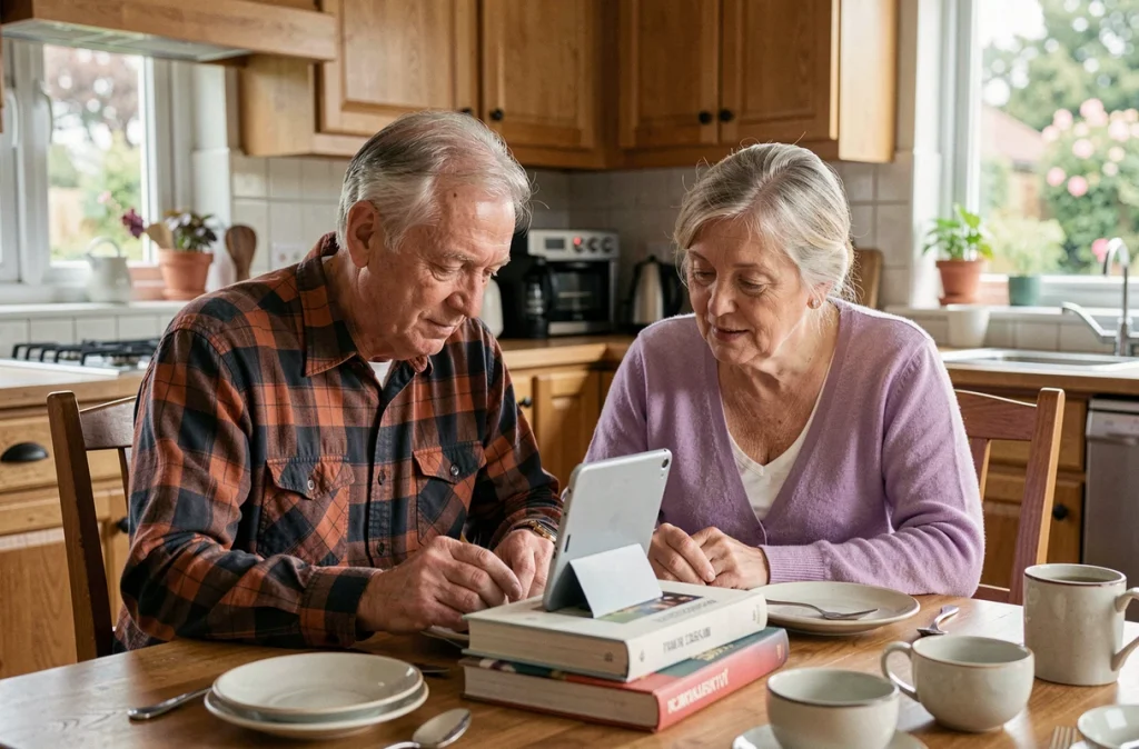 Un couple de seniors découvrant un cadre photo numérique ensemble à table dans leur salle à manger
