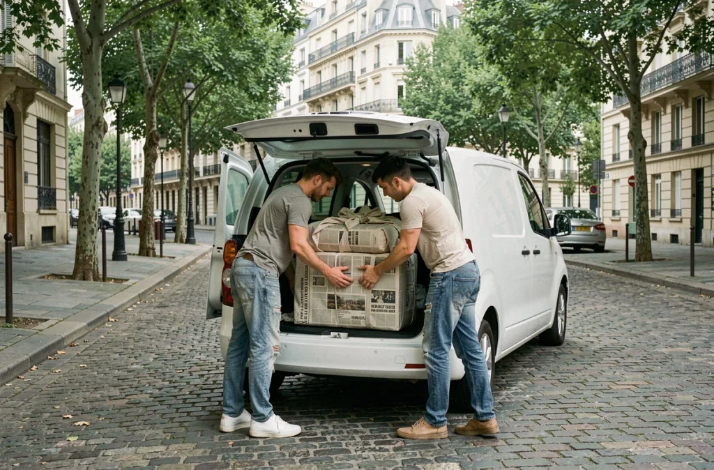 Couple chargeant des affaires emballées de manière écologique dans un véhicule électrique lors d'un déménagement durable en milieu urbain