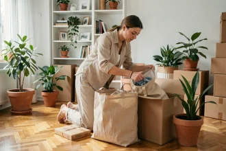 Femme emballant ses affaires dans des boîtes en carton recyclé et des sacs réutilisables lors d'un déménagement écoresponsable