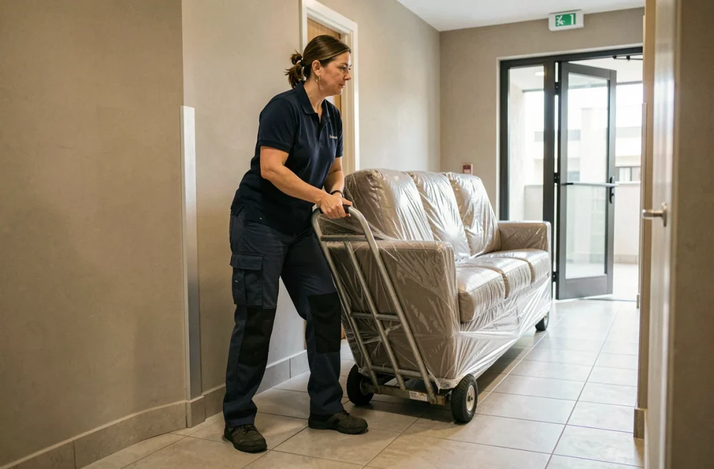 Déménageuse professionnelle utilisant un diable pour déplacer un canapé lourd dans un couloir d'immeuble