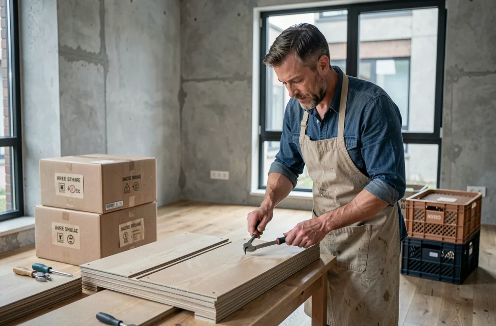 Homme démontant des meubles pour un déménagement écoresponsable avec des outils simples dans un appartement vide aux murs en béton