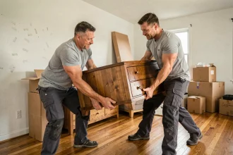 Deux hommes adultes portant ensemble une lourde commode en bois lors d'un déménagement dans un salon