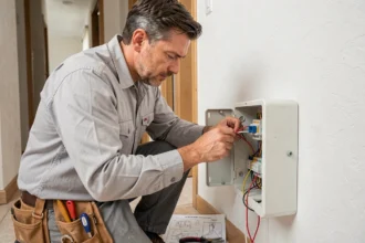 Électricien professionnel examinant les fils phase et navettes d'un interrupteur Legrand double va-et-vient dans une boîte d'encastrement ouverte