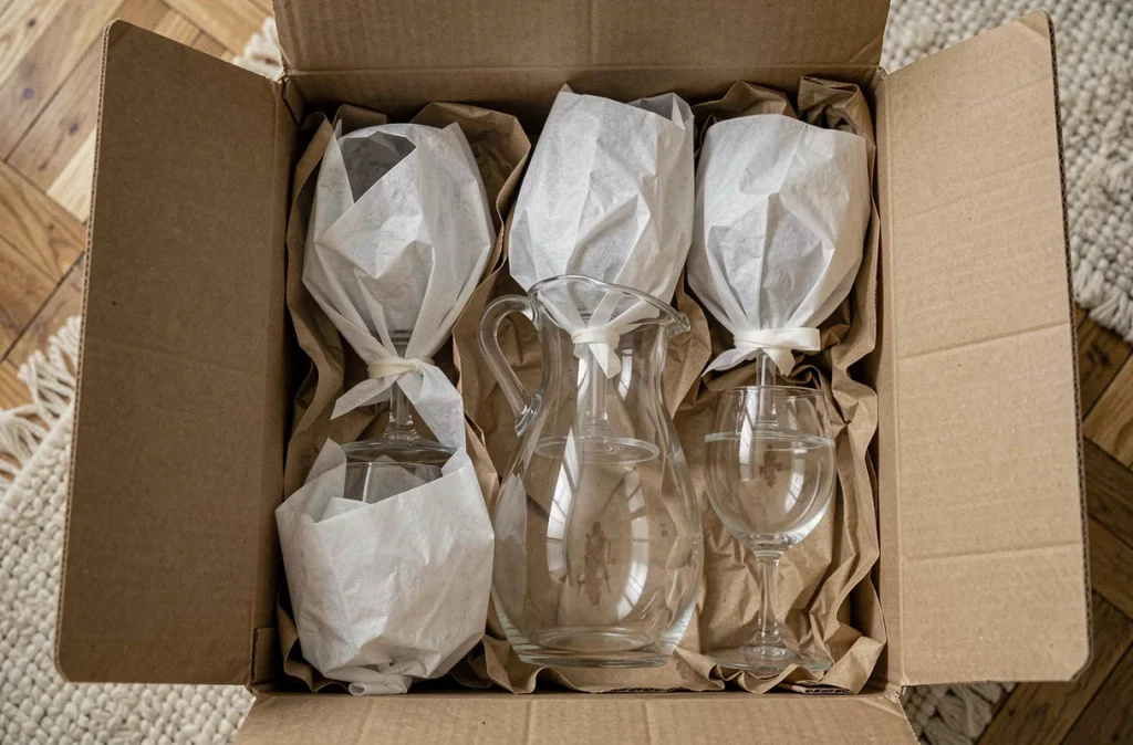 Vue aérienne d'une boîte de déménagement avec des verres fragiles protégés par du papier de soie et du papier kraft
