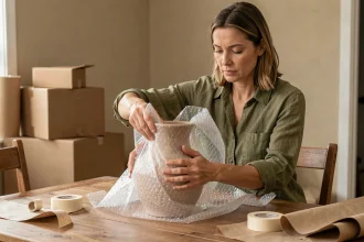 Femme emballant un vase fragile avec du papier bulle pour le protéger pendant un déménagement