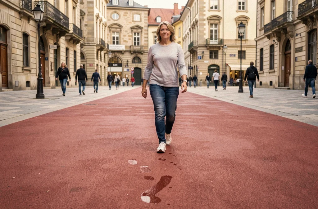 Zone piétonne en enrobé rouge coloré dans un centre-ville européen avec passante et architecture historique en arrière-plan