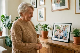Une femme âgée souriante devant un cadre photo numérique moderne dans un salon chaleureux