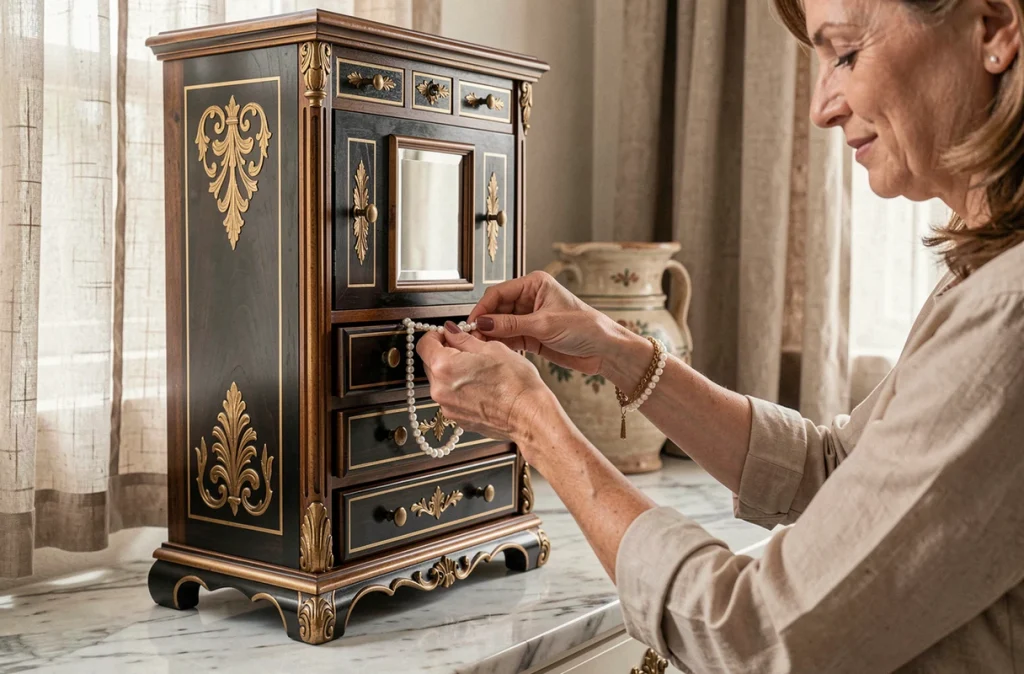 Femme rangeant un bracelet en perles dans une armoire à bijoux vintage en bois sculpté sur un meuble en marbre