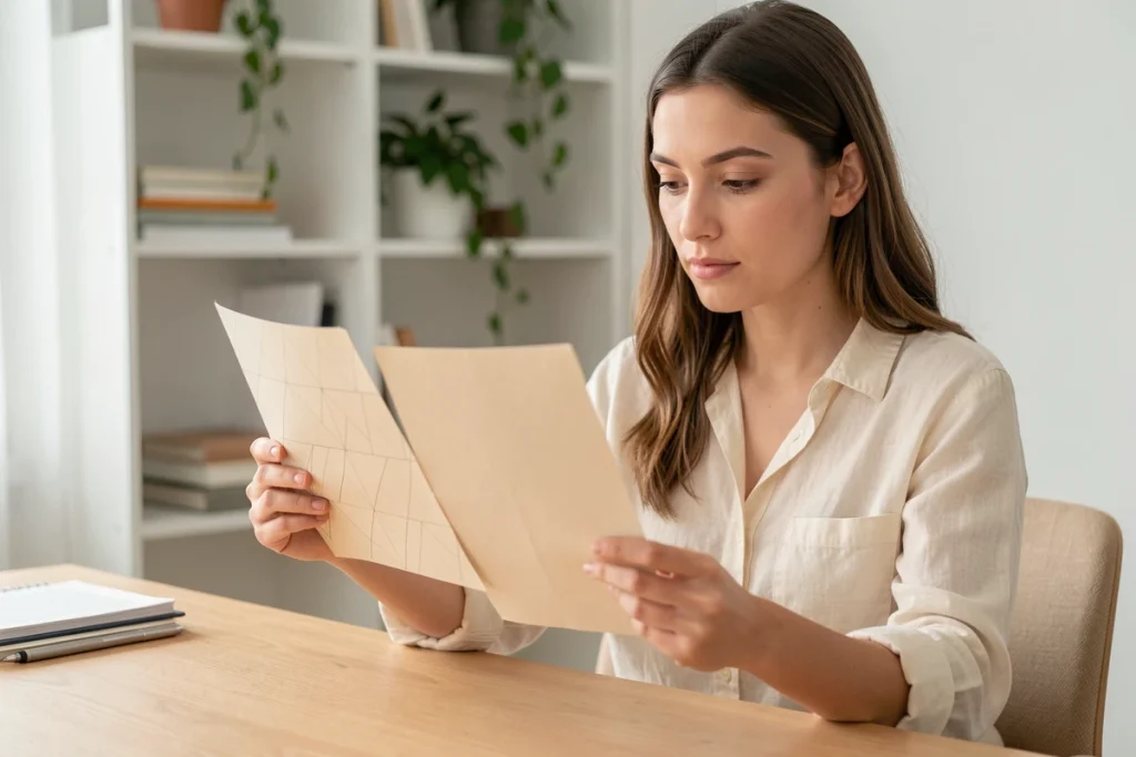Femme comparant des feuilles de papier beige imprimé et uni dans un bureau scandinave lumineux