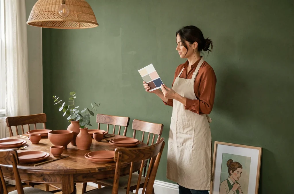 Femme comparant des échantillons de peinture devant un mur vert olive dans une salle à manger chaleureuse avec table en noyer et vaisselle en grès